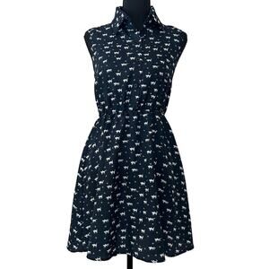 Naizi cat print collared A line sleeveless Cinched Waist mini dress twee S